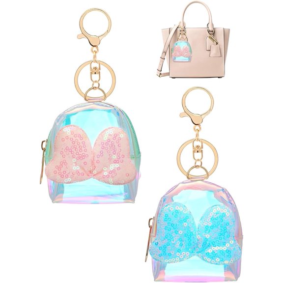 2 Pieces Mini Backpack Keychain Holographic Transparent Cosmetic Bag for Women Keychain