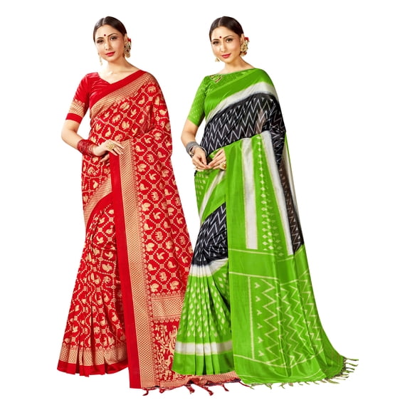 Pack of Two Sarees for Women Mysore Art Silk Printed Indian Wedding Saree | Diwali Gift Combo Sari