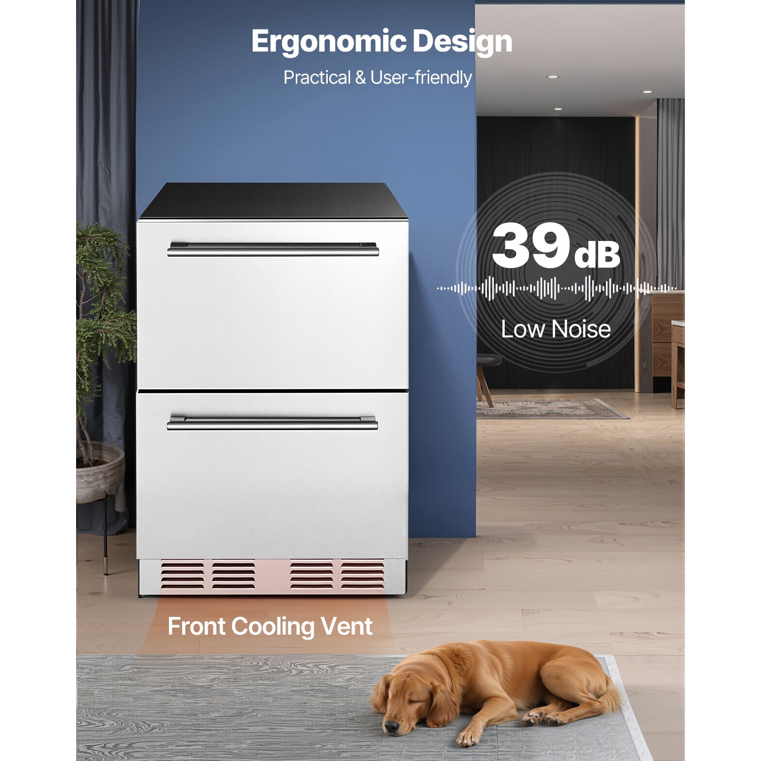 KFFKFF 24-Inch Under-Counter Drawer Refrigerator, Stainless Steel Dual Drawer Fridge with Adjustable Temperature, Outdoor Cooler with Efficient Compressor & LED Display, Suitable for Home, Office
