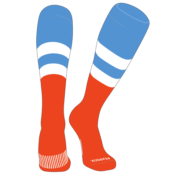 PEAR SOX Striped OTC Baseball, Softball, Football Socks (D) Sky Blue, White, Orange (XS)