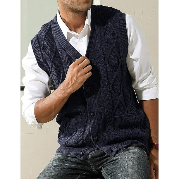 Gilet pull homme col V sans manches torsad cardigan gilet