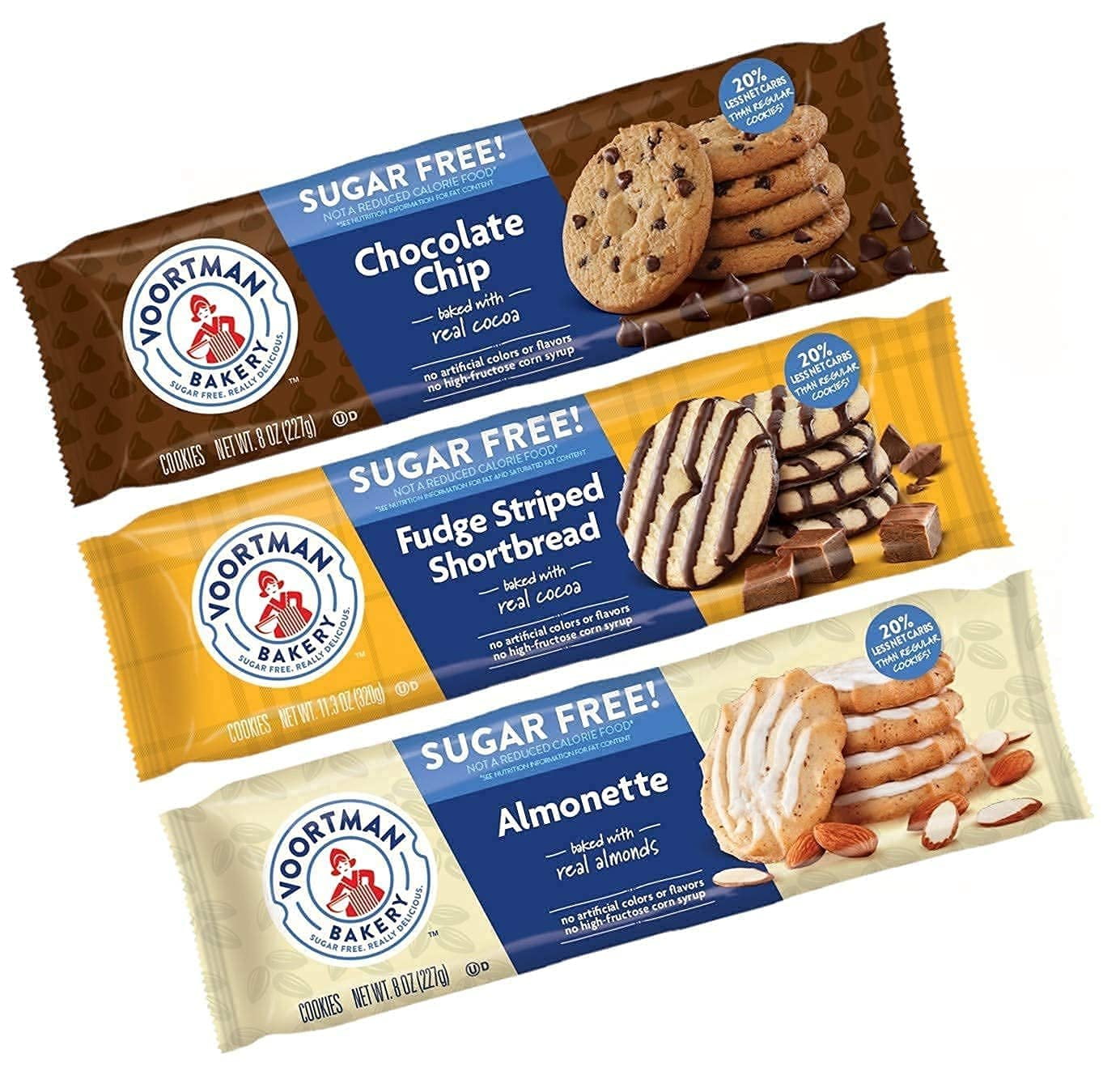 Voortman Bakery Sugar Free Wafers Variety Pack  Chocolate Chip, Fudge Stripe Shortbread and Iced Almonette  3 pack