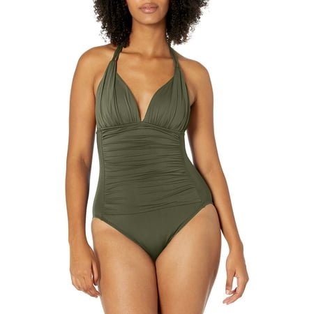 La Blanca Women s Standard Island Goddess V-Neck Halter Mio One Piece Swimsuit  Olive  0