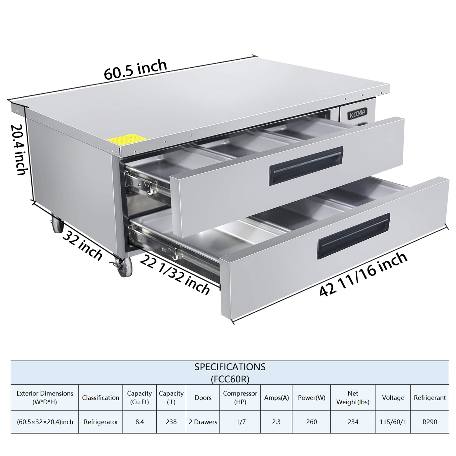 33 °F Commercial 2 Drawer Refrigerated Chef Base Kitchen Equipment Stand 38°F KITMA 60 Inches Stainless Steel Chef Base Work Table Refrigerator 