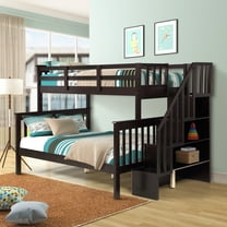 SEGMART Wood Bunk Beds , 76.97'' x 51.57'' Solid Wood Twin-Over-Full Bed, Sturdy Wood Twin-Over-Full Bunk Beds w/ 4 Storage Shelves, 4-Step Ladder, Full-Length Guardrails, 250lbs, S1934