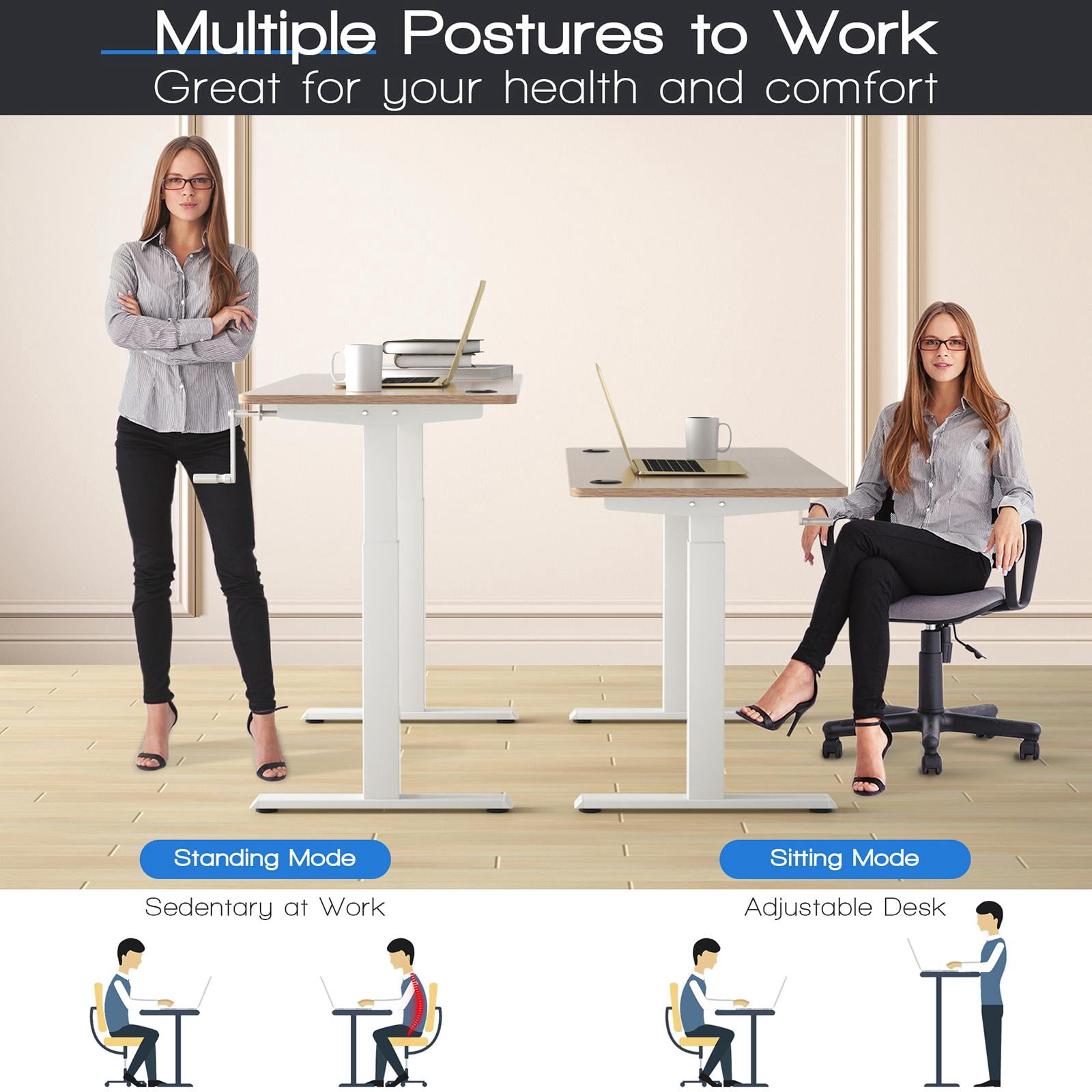 Giantex Crank Height Adjustable Standing Desk Frame, Manual Hand Crank Workstation Base, Ergonomic Sit to Stand Base w/ Foldable Crank Handle, Hook, Cable Management Rack, White