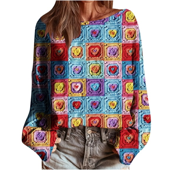 Rainbow Love Heart Womens Crewneck Sweatshirt Pullover Long Sleeve Shirts Tops Casual Tops Comfy Fall Fashion Outfits Winter Clothes 2025