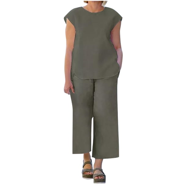 Blusa sin mangas lisa con cuello redondo para mujer a la moda de 2 piezas + conjuntos de pantalones con bolsillos sueltos Wmkox8yi bvn905