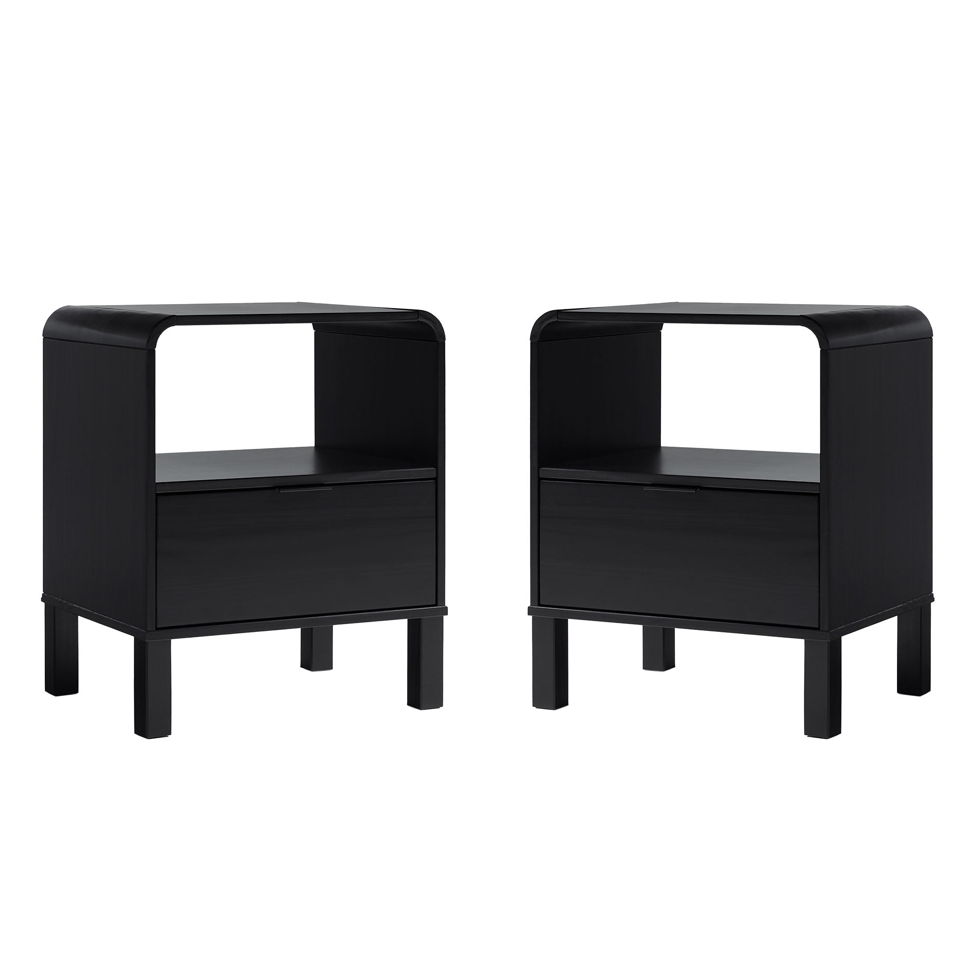 Walker Edison Modern Curved-Frame Solid Wood Nightstand, 2 Pack, Black