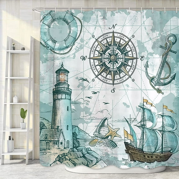 Nautical Lighthouse Shower Curtain, Coastal Sailboat Farmhouse Blue Teal Ocean Bathroom Curtain, Vintage Beach Anchor Starfish Bathroom Accessories, 71X71in