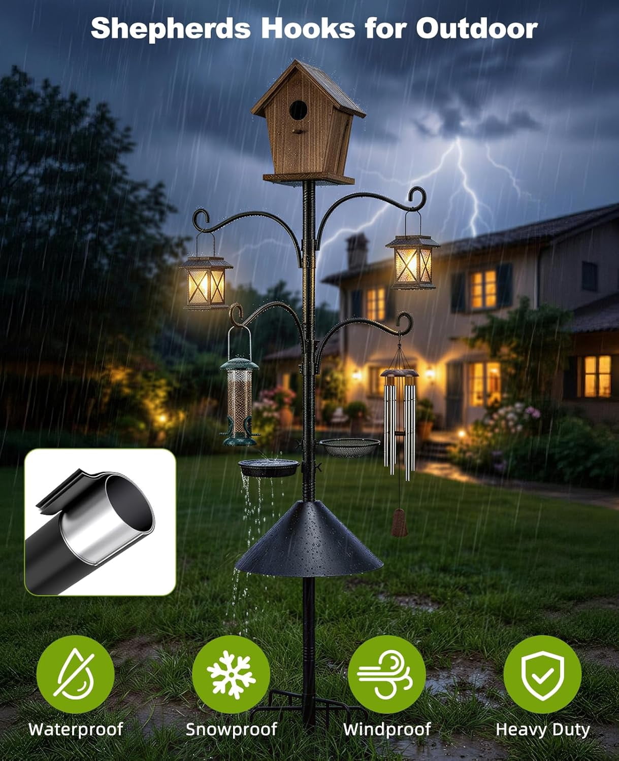 Bird Feeder Pole, 93" Shepherds Hooks Squirrel Proof for Outdoor, Adjustable Heavy Duty Birdhouse Pole Smart Feeder Stand with 4 Hooks & 9 Prongs Base & Squirrel Baffle for Hanging Plant,Garden Decor