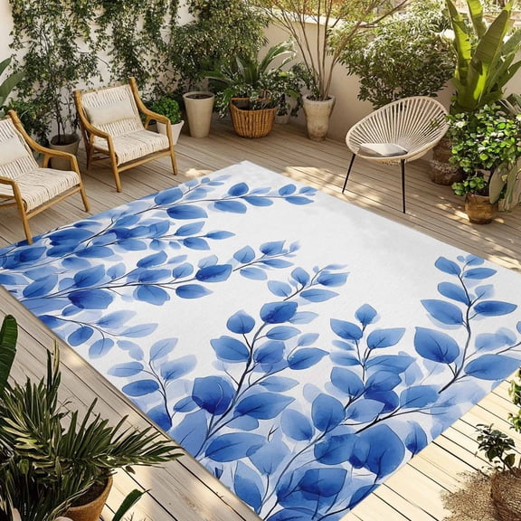 3' x 5' Outdoor Rug, Spring Leaves Outdoor Washable Rug Large Floor Carpet, Blue Leaf Watercolor Pastoral Plants Non Shedding Area Rug for Outside Patio RV Porch Deck Balcony Camping Living Room