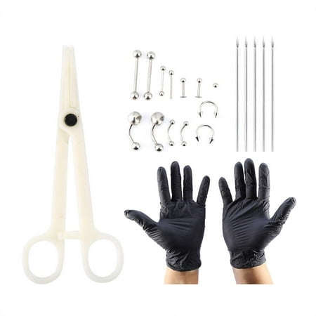 TOPINCN 20pcs/set Tongue Nose Belly Button Body Jewelry Piercing Rings Clamp Gloves Needles Tool Kit,Piercing Jewelry Kit,Body Piercing (Best Thing To Clean Belly Button Piercing)