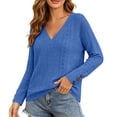 thumbnail image 2 of Smsaxvxz Sweaters for Women Lightweight Loose V-neck Long Sleeve Hollow Out Knit Pullover Tops Fall Fashion Blouse Blue L, 2 of 9