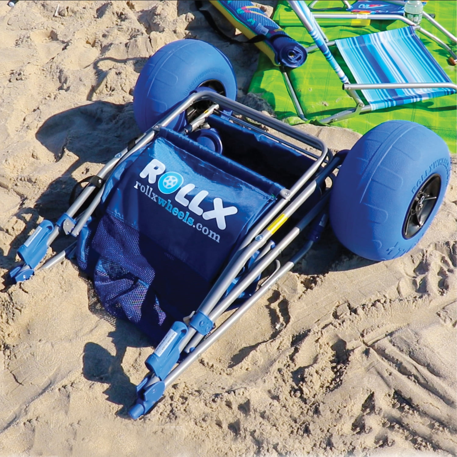 Rollx Big Balloon Wheel Foldable Beach Cart Storage Wagon for Sand, with 13-In. Beach Tires, Blue, RLX1-1107