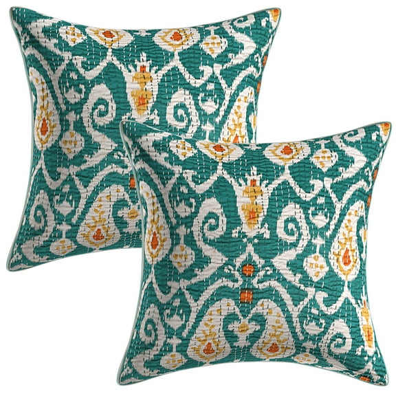 Stylo Culture Ethnic Chair Seat Throw Pillow Covers 16 x 16 Kantha Emerald Green Printed 40cm x 40cm Home Decor Cotton Ikat Square Cushion Covers | Set Of 2