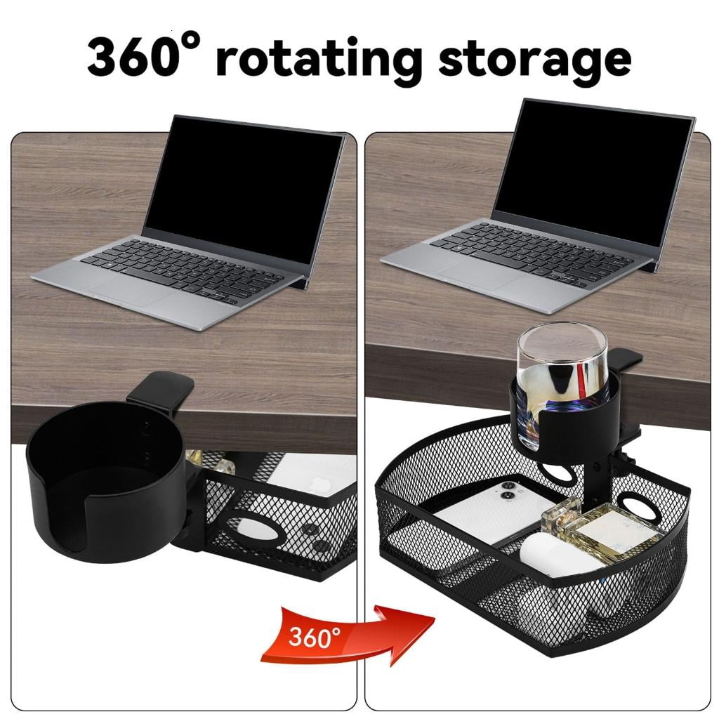 HannLk Office Supplies Holder Under Desk Storage with Rotating Drawer and Cup Holder