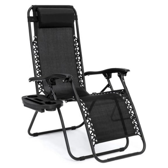 1 Chair Lounge Chairs Outdoor Adjustable Reclining Patio Chair Steel Mesh Folding Recliner for Pool Beach Camping Lounge Chair with Pillows and Cup Tray (1, Black)