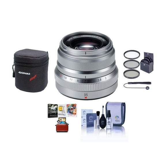 Fujifilm XF 35mm f/2 R WR Lens, Silver, Bundle with 43mm Filter Kit, Lens Case, Cleaning Kit, Lens Cap Tether, Mac Software Kit