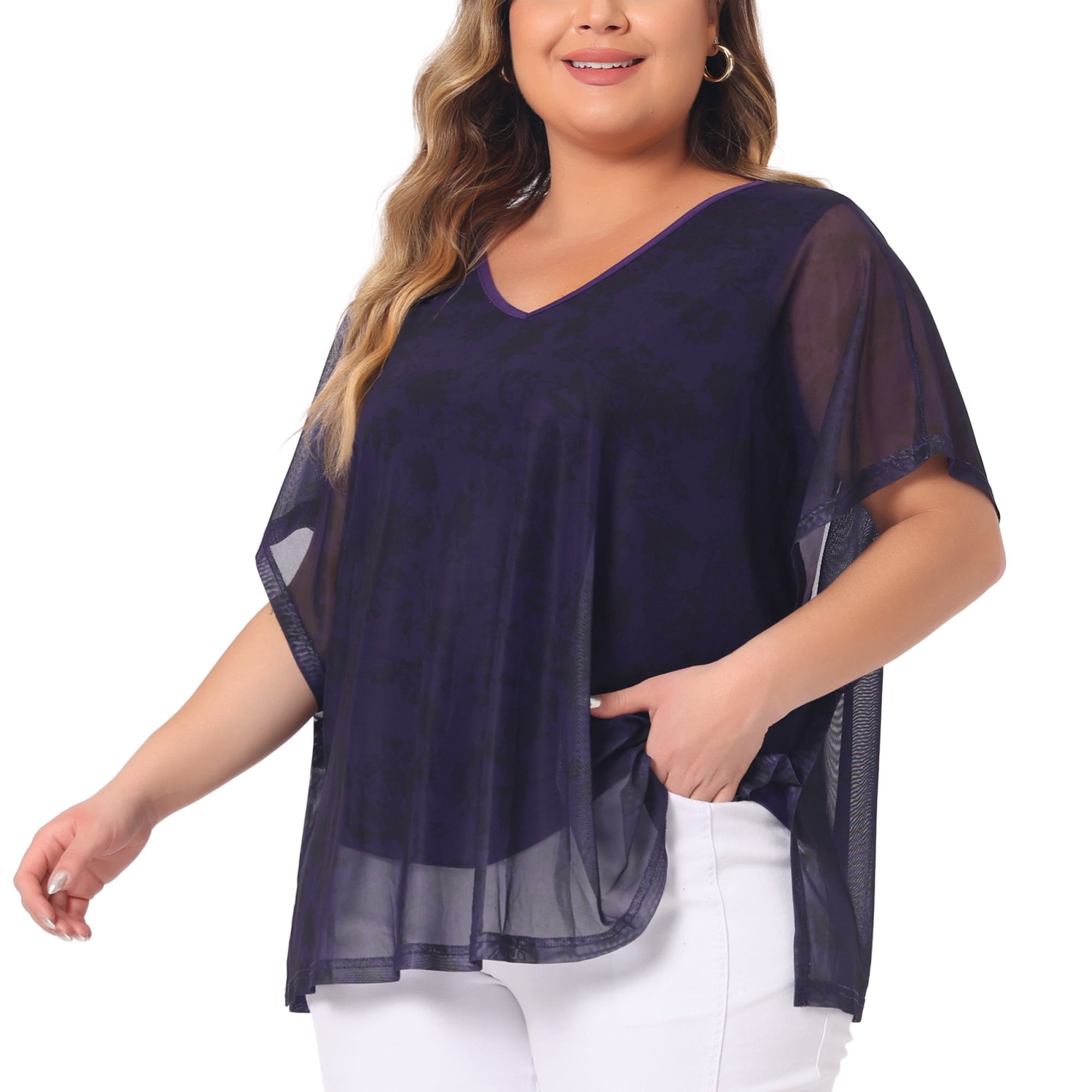 DARING DIVA Women's Plus Floral Batwing Sleeve Loose Blouse 4X Purple
