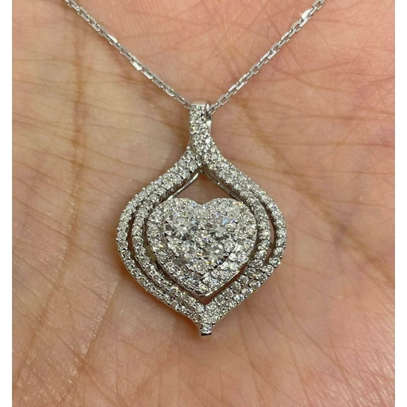 2 Ct Round Cut VVS1/D Diamond Cluster Heart Pendant W/18" 14k White Gold Plated Silver