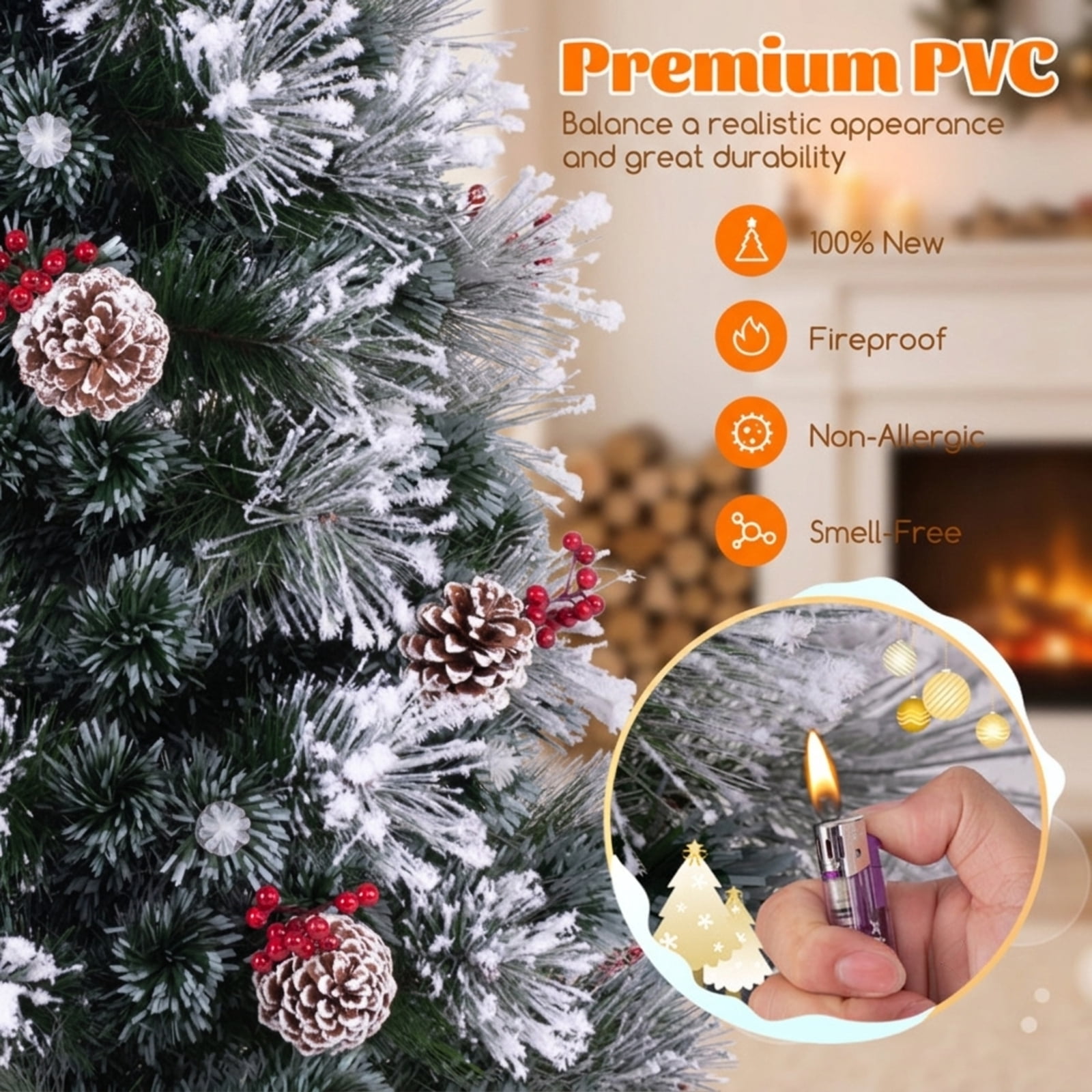 RUIE 7 ft Flocked Christmas Tree, Pre-Lit Green White Artificial Xmas Tree with 8 Lighting Modes, Pine Cones and Treetop Star Light