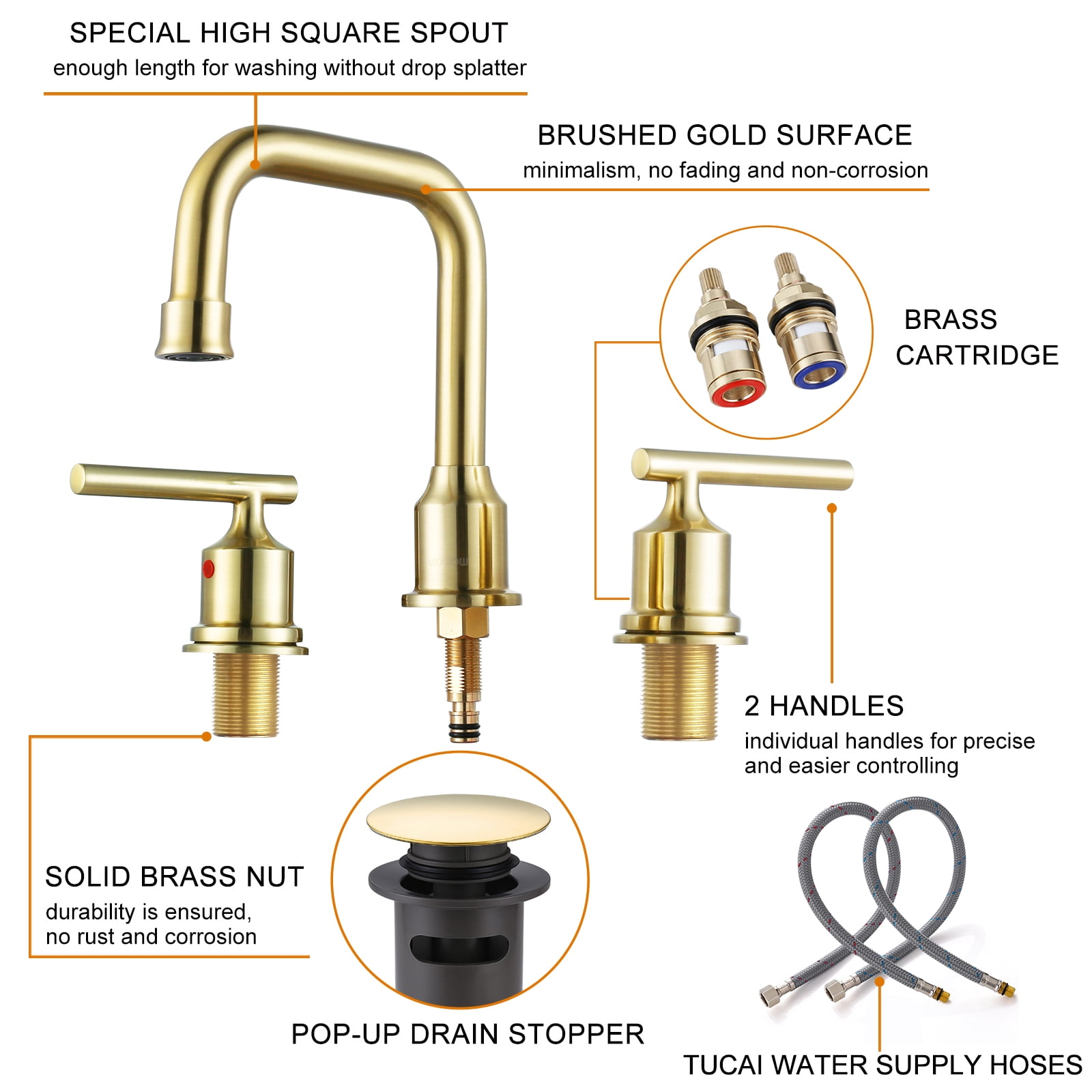 WOWOW Brushed Gold Bathroom Faucet Widespread 2 Handle Bathroom Sink Faucet
