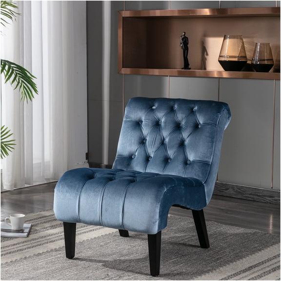 JERFIT Light Blue Velvet Accent Chair, Modern Armless Upholstered Fabric Button Tufted Leisure Chair with Sturdy Wooden Legs for Living Room, Bedroom, Office