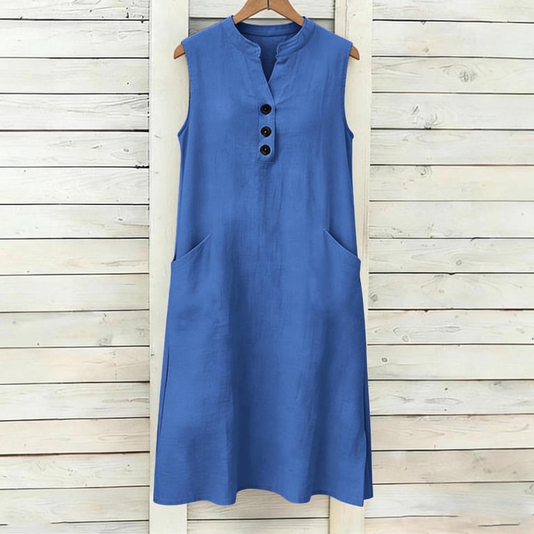 knee length gauze dress Aohooy Women Sleeveless Gauze Dress Cotton Linen Knee Length Button Front Casual Sun Dresses V Neck Button Summer Tunic Dress 2026 Blue,M, Women's,