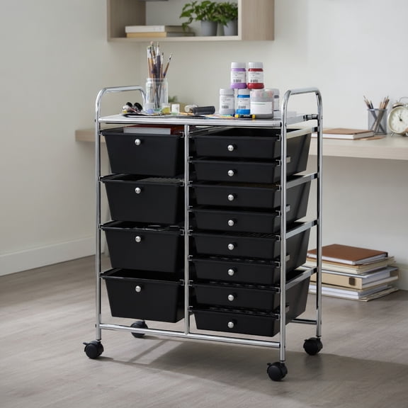 Spaco Black 12-Drawer Multi-Purpose Rolling Storage Cart, Versatile Organizer for Home, Office & Craft Room
