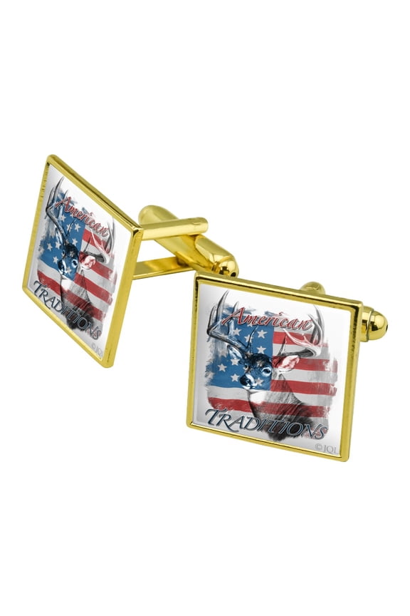 Deer USA Flag American Traditions Hunting Square Cufflink Set - Silver or Gold