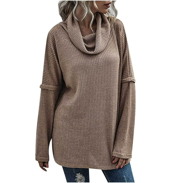 Chandails d'Automne pour Femmes Col Roulé Tricot Côtelé Uni Manches Longues Hauts de Chandail Décontractés Amples Doux Confortables Chandail d'Hiver
