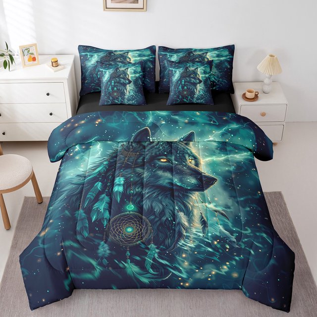 Erosebridal Literie 3D Loup Taille Très Grand, Lit Attrape-Rêves en Sac Taille Très Grand, Décoration Faune de la Jungle, Réversible 7 Pcs