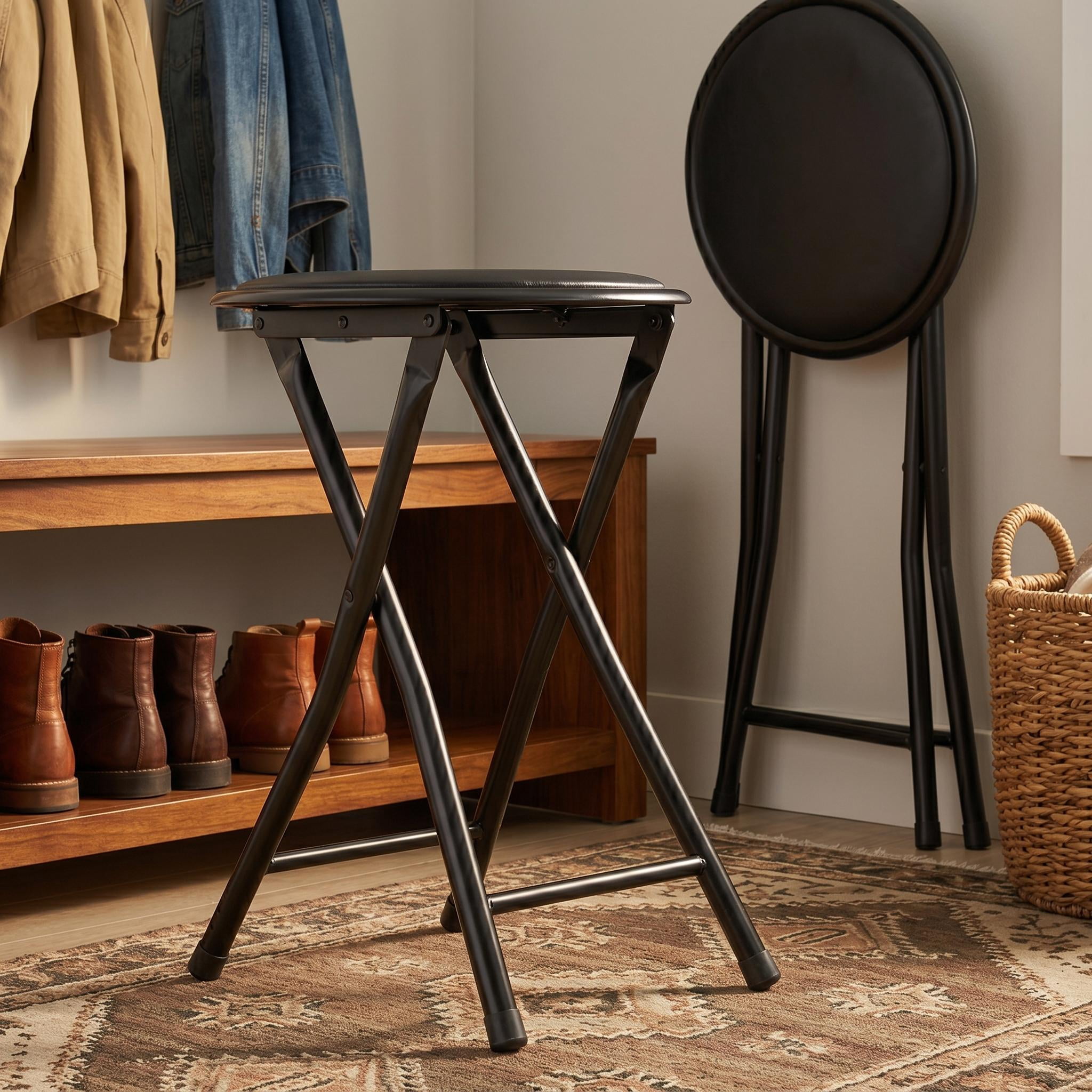 Homy Casa 2-Pack Folding Stools with Padded Round Seat, Black Metal Frame, Portable Space-Saving Design