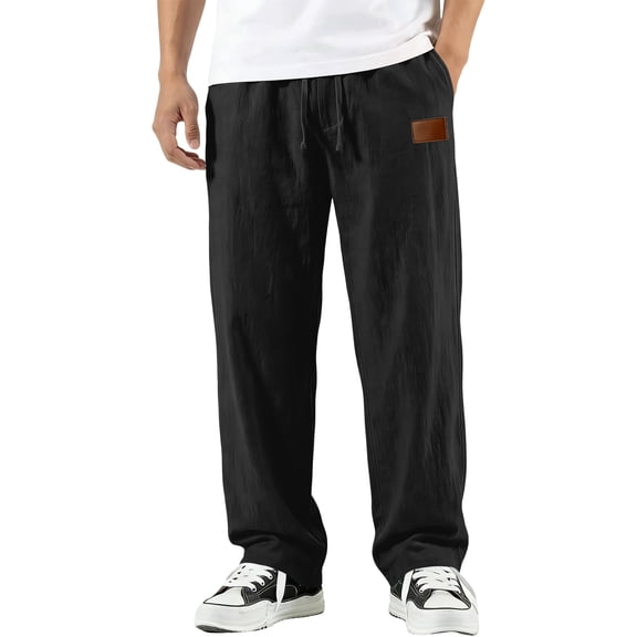 GrmtClth Mens Linen Straight Leg Pants Drawstring Elastic Waist Lightweight Breathable Casual Summer Trousers with Pockets Black L