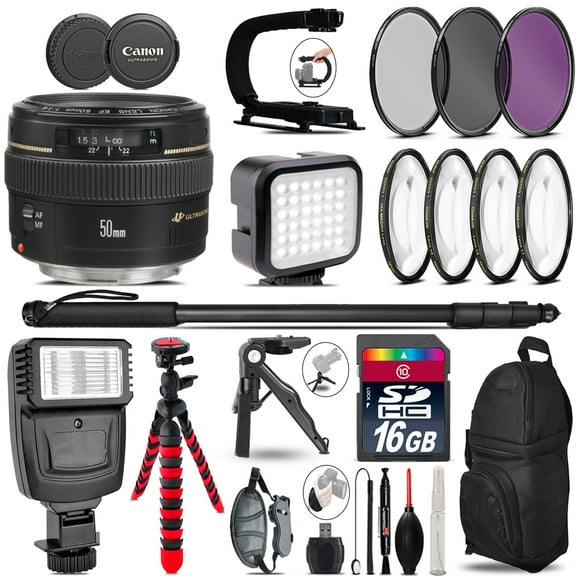 Canon 50mm f/1.4 USM - Video Kit + Slave Flash + Monopad - 16GB Accessory Bundle (International Version)