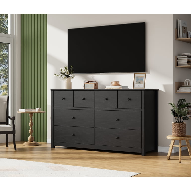black double dresser White Dresser for Bedroom, Modern Farmhouse Style 7 Drawer Double Dresser with Vintage Gold Antique Pulls, Dresser and Chest of Drawers, Hallway 7