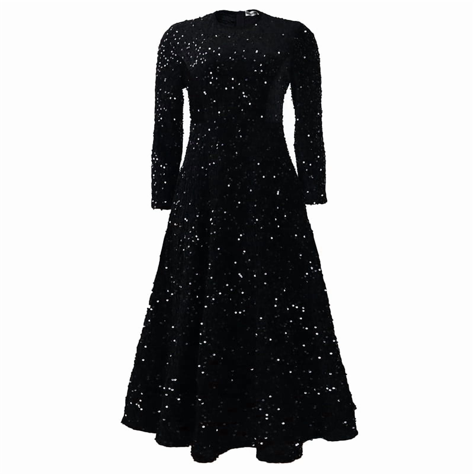 Women'S Sequin Plus Size Long Sleeve A-Line Flared Party Cocktail Sparkle Glitter Evening Shiny Maxi Dress Black XL