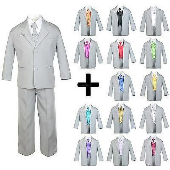7pc Satin Vest Neck Tie Boy Baby Toddler Kid Teen Silver Formal Suit Tuxedo S-20