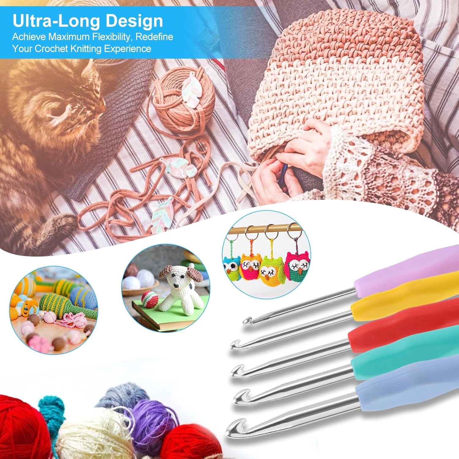 Vodiye No. 14 crochet hook set, sizes 2.0–10.0 mm, colorful metal crochet hooks, ergonomic design, comfortable to use