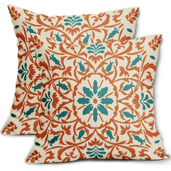 Ryan; Orange Teal Boho Pillow Covers 18x18 Inch Bohemian Ethnic Carpet Style Vintage Flower Print Fall Decorative Throw Pillows Outdoor Cushion Case Farmhouse Decor for Sofa Bed Set of 2