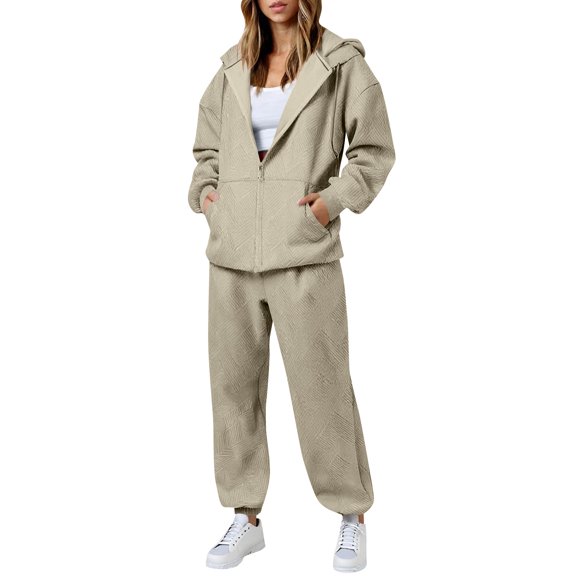 Athletic Outfit Sets 2 Piece Women Embossed Texture Zip Up Hoodie Cuffed Jogger Pants Beige M