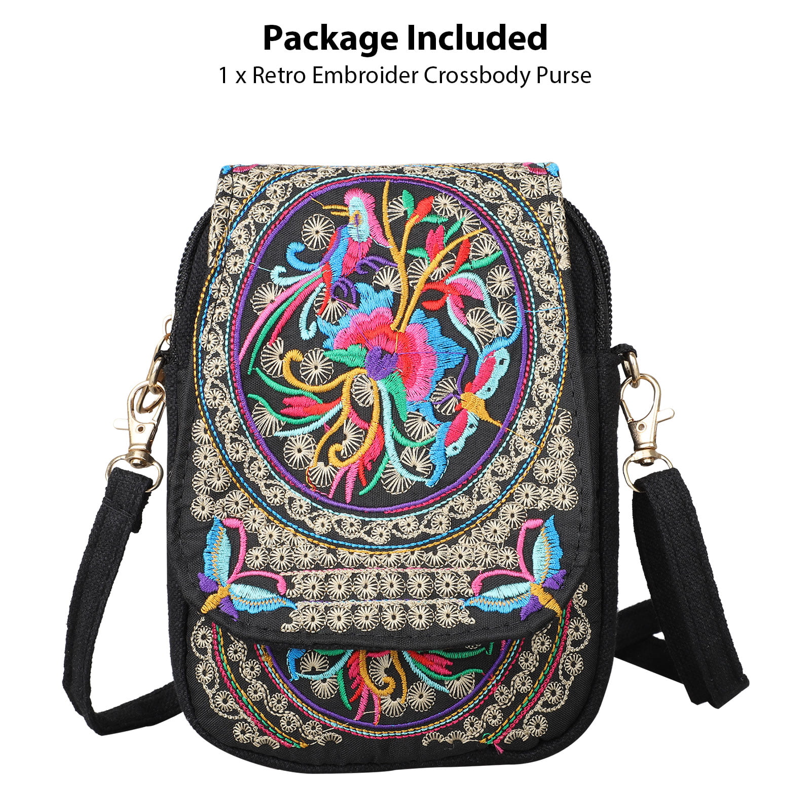 Women Messenger Bag Boho Floral Embroidery Canvas Mobile Phone Small Coins Purse 