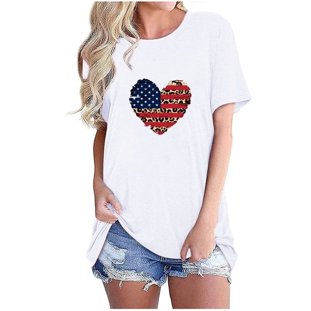 Camisetas de Manga Corta para las Mujeres Día de la Independencia Impresión Básica Camiseta de Verano, Cuello Redondo Casual Camiseta Blusa
