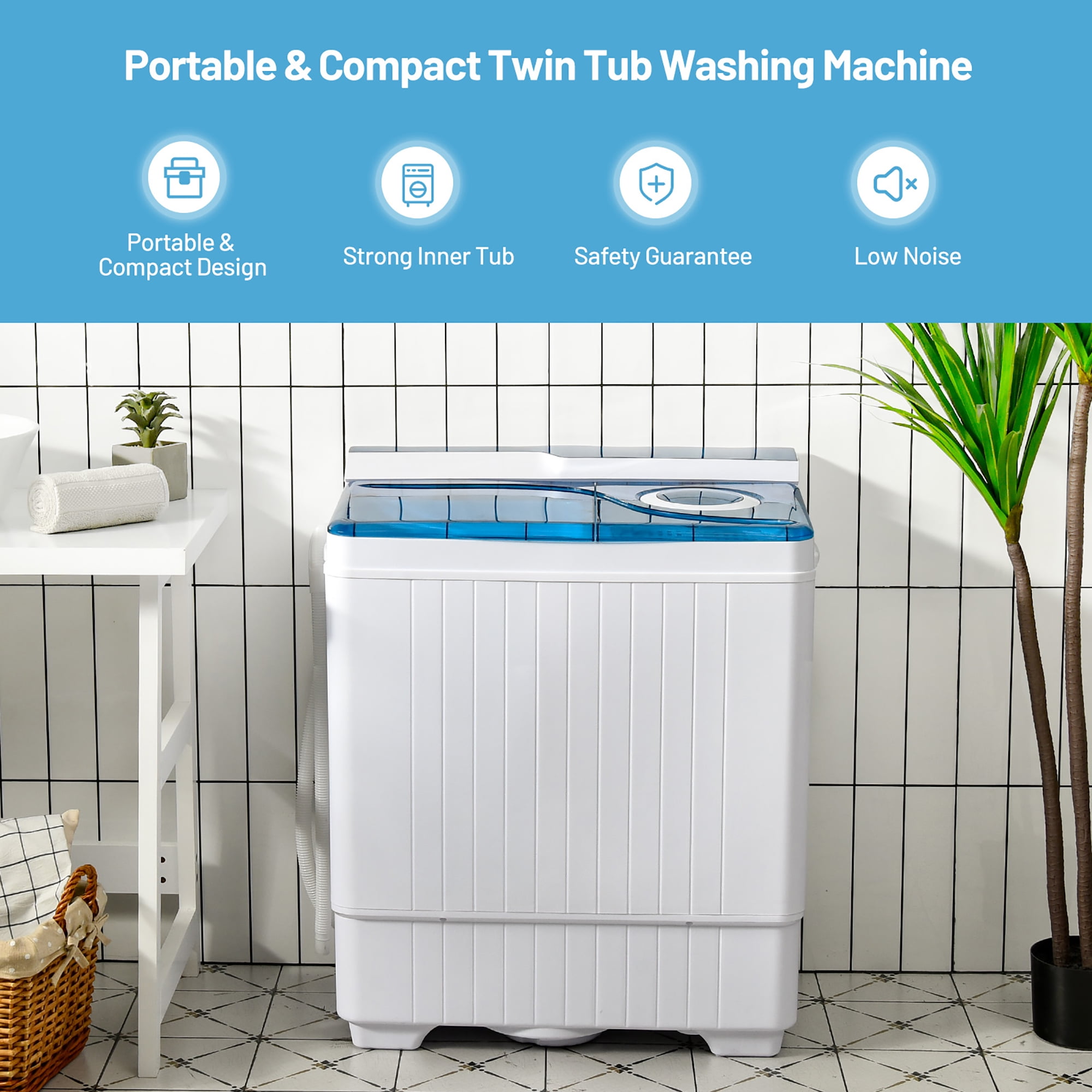 Costway Portable Semi-automatic Twin Tub 26lbs Washing Machine W/ Drain  Pump