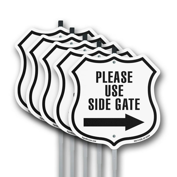Please Use Side Gate Right (5 Pack) 12 inch X 12 inch Shield Shaped Commercial Grade Plastic Signs with Aluminum Mounting Stakes Weather Resistant Made in the USA