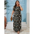 thumbnail image 3 of SHOWMALL Women's Plus Size Maxi Dress with Pockets, Valentine's Day Galentine's Self-Care Gift for Her, Black Ditsy Florals 3X Side Slit Short Sleeve Long Dress, 3 of 7