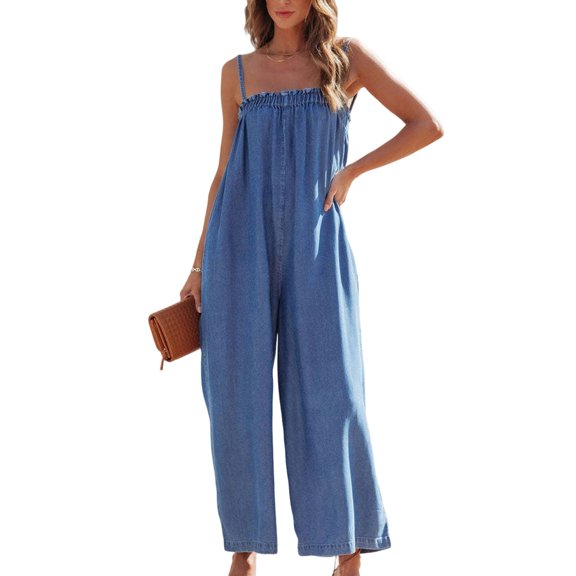 Iyufng Casual Jumpsuits for Women Spaghetti Straps Wide Leg Denim Jumpsuit