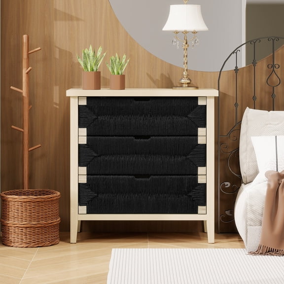 3 Drawer Buffet Sideboard with Adjustable Shelves, Storage Cabinet with Hand-woven rope decorated drawers for Living Room Kitchen Entryway