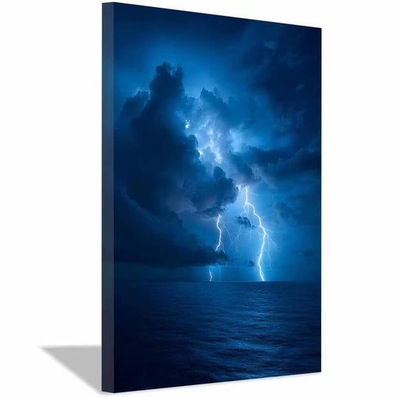 Lightning Storm Over Ocean Canvas Wall Art,Dark Blue Sky Prints Painting,Dramatic Nature Wall Decor for Living Room Bedroom Office Home Decor,Framed Ready to Hang-30"L x 20"W